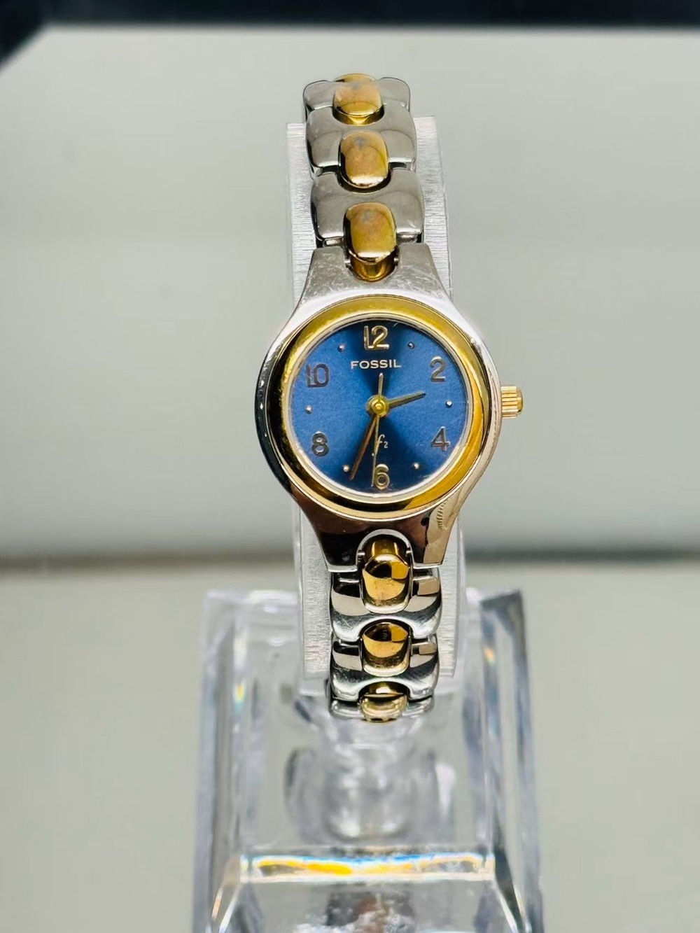 Vintage Fossil F2 Blue Dial Ladies Watch Two-Tone Bracelet 21mm New Battery Runs